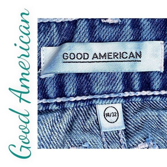 GOOD AMERICAN Distressed Denim Mini Skirt, Size 14 - Picture 7 of 12